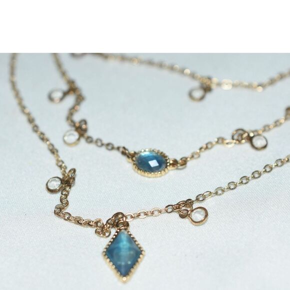 Vintage Layered Blue Beveled /Clear Crystal Accents Gold Tone Link 24" Necklace - Picture 2 of 4